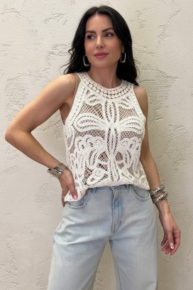 top bez rukava sa cvetnim pletivom u boho stilu VAMZERA ECRU