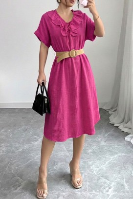 lagana midi haljina sa volančićima i trendi kragnom VIREMORA FUCHSIA