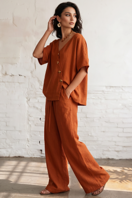 komplet od lana sa asimetričnim topom i širokim pantalonama SELENE ORANGE