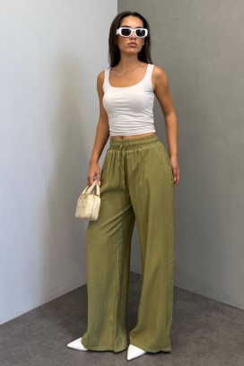 lagane široke ženske pantalone sa elastičnim strukom LARENTIA KHAKI