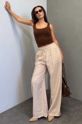 lagane široke ženske pantalone sa elastičnim strukom LARENTIA BEIGE