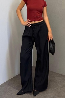 lagane široke ženske pantalone sa elastičnim strukom LARENTIA BLACK
