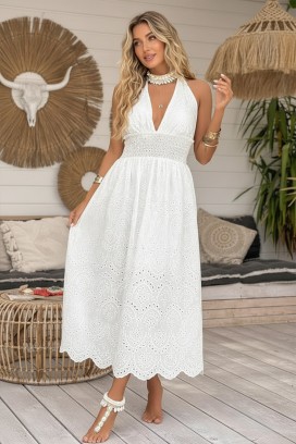 midi haljina sa golim leđima i vezom u boho stilu MELEKA WHITE
