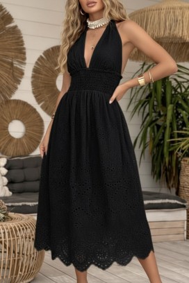 midi haljina sa golim leđima i vezom u boho stilu MELEKA BLACK