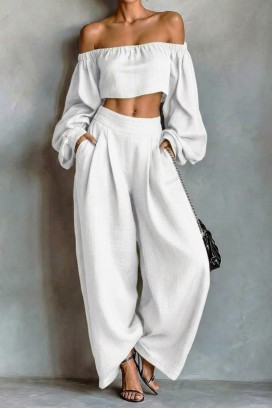 ženski laneni komplet top sa spuštenim ramenima i široke pantalone JEZABEL WHITE