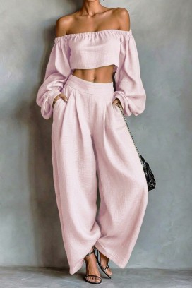 ženski laneni komplet top sa spuštenim ramenima i široke pantalone JEZABEL PINK