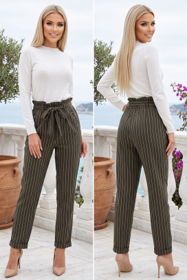 prugaste pantalone sa kaišem i visokom strukom RYZANA KHAKI