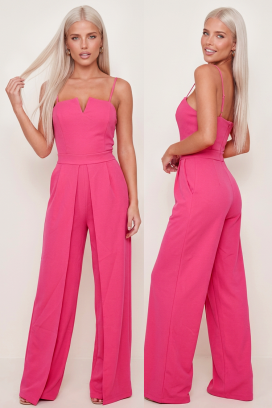 elegantni kombinezon sa oblikovanim dekolteom i širokim pantalonama ELVARENA FUCHSIA