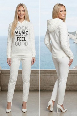Ženski svakodnevni komplet sa dekorativnim natpisom i reljefnim pantalonama MELVORSA WHITE