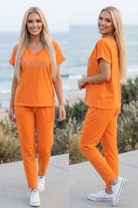 ženski komplet sa bluzom sa čipkanim V izrezom i pantalonama SOLARENIA ORANGE