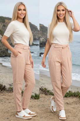 Sportsko-elegantni ženski pantaloni sa kaišem i visokom strukom ZOLTENA BEIGE