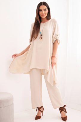 ženski komplet od dva dela sa asimetričnom tunikom i širokim pantalonama GERASINA BEIGE