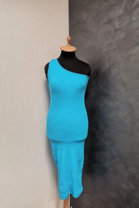 Elegantna midi haljina s jednim golim ramenom 6198, Boja: svetloplava, IVET.RS - Nova Kolekcija