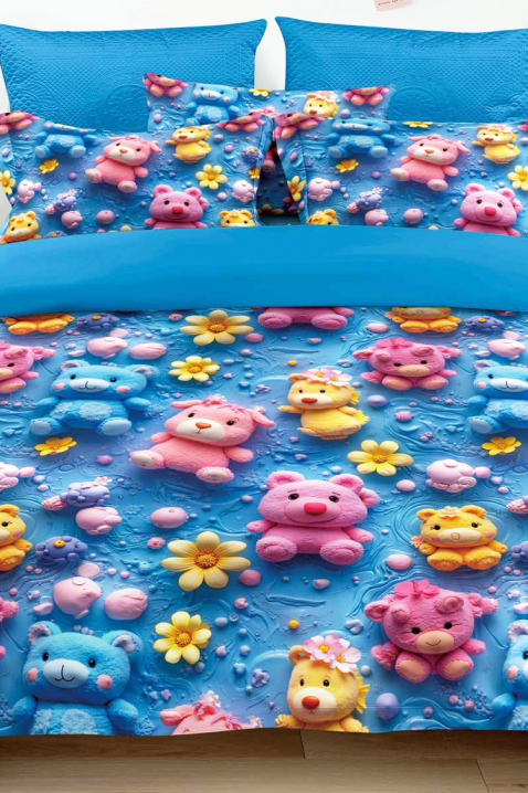 Komplet posteljine FLOWERS BEAR 160x200 cm pamuk - 3 dela, Boja: plava, IVET.RS - Nova Kolekcija