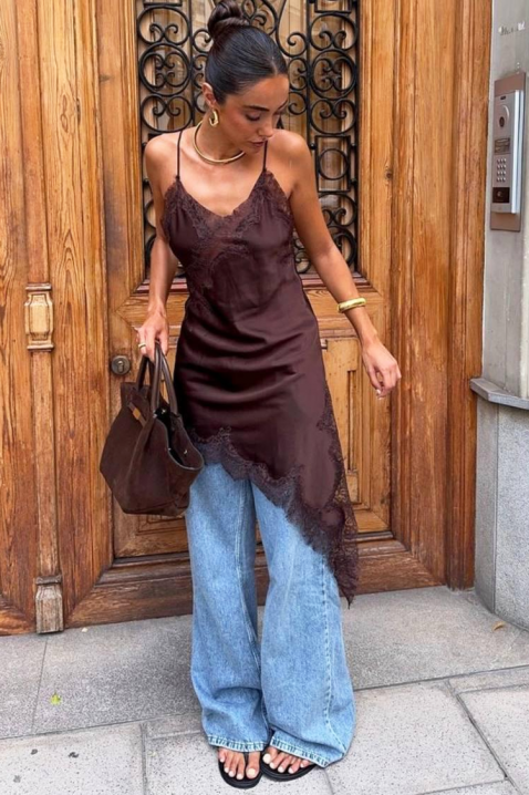 Asimetrična delikatna tunika sa čipkom i prorezom VELIMIRA BROWN, Boja: braon, IVET.RS - Nova Kolekcija