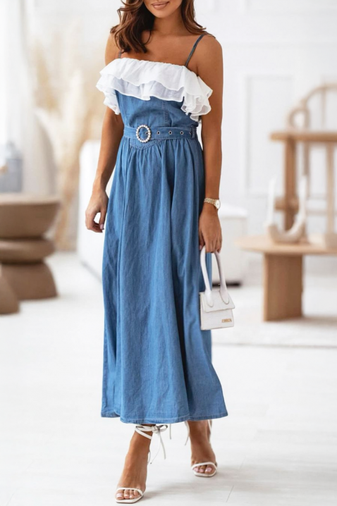 Elegantna duga haljina sa volanima i ukrasnim kaišem TOMINZA, Boja: plava, IVET.RS - Nova Kolekcija