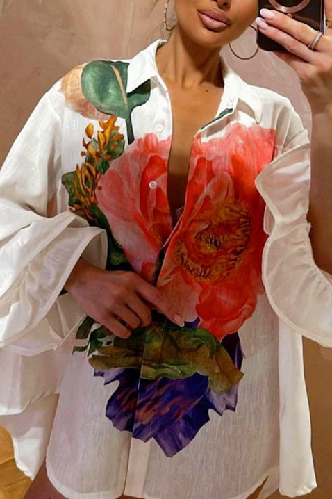 Stilska asimetrična ženska košulja sa trendi cvetnim printom EVGENITA, Boja: bela, IVET.RS - Nova Kolekcija