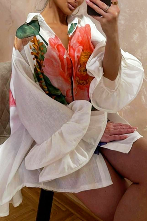 Stilska asimetrična ženska košulja sa trendi cvetnim printom EVGENITA, Boja: bela, IVET.RS - Nova Kolekcija