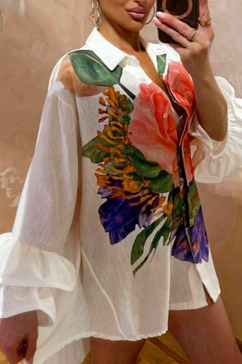 Stilska asimetrična ženska košulja sa trendi cvetnim printom EVGENITA, Boja: bela, IVET.RS - Nova Kolekcija