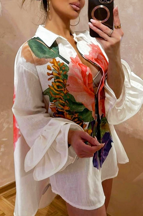 Stilska asimetrična ženska košulja sa trendi cvetnim printom EVGENITA, Boja: bela, IVET.RS - Nova Kolekcija