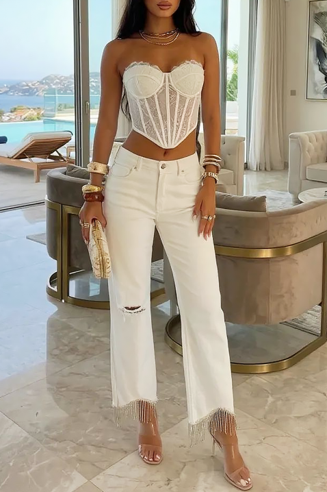 Ženske bele farmerke sa resama i pocepanim elementima LURISA, Boja: bela, IVET.RS - Nova Kolekcija