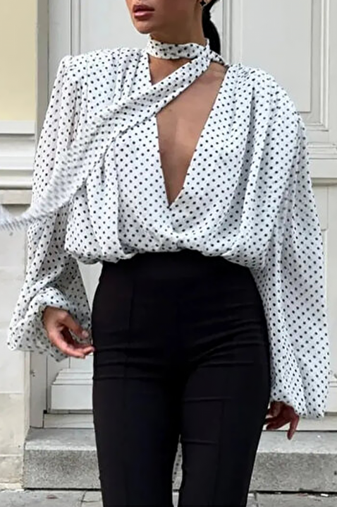 Ženska bela košulja sa tufnama, V-izrezanim dekolteom i trendi kravatom VIALINA, Boja: bela i crna, IVET.RS - Nova Kolekcija