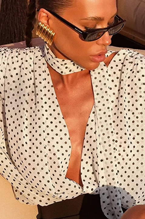 Ženska bela košulja sa tufnama, V-izrezanim dekolteom i trendi kravatom VIALINA, Boja: bela i crna, IVET.RS - Nova Kolekcija