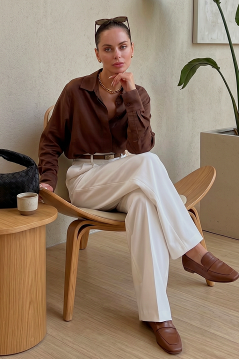 Ženska elegantna satenska košulja sa dugim rukavima AYANDA BROWN, Boja: braon, IVET.RS - Nova Kolekcija