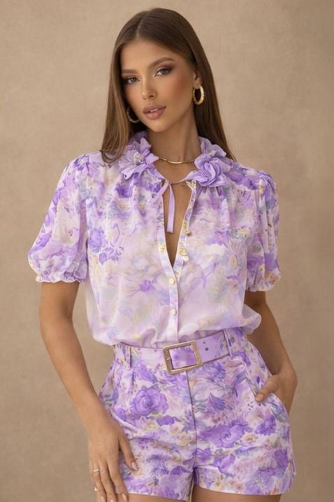 Ženski prozračni cvetni komplet sa bluzom i šortsem JULIENA LILA, Boja: ljubičasta, IVET.RS - Nova Kolekcija