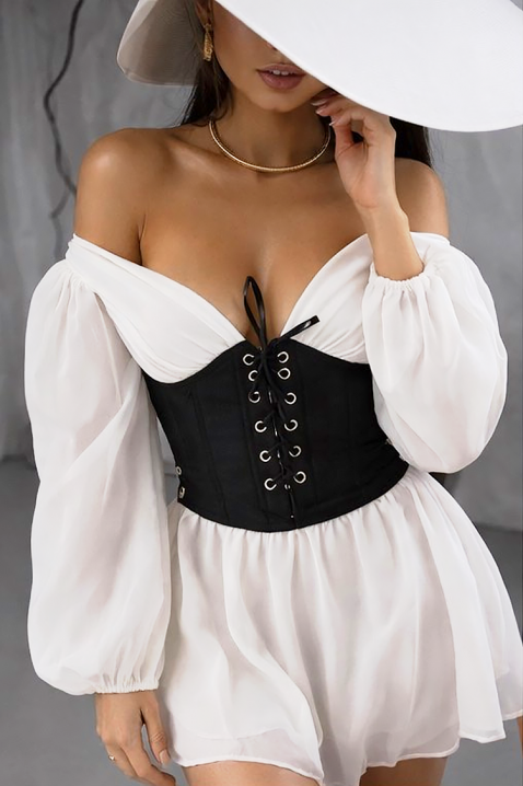 Kratka haljina sa korsetom spuštenim ramenima i prozračnim rukavima SOLZIRA, Boja: ecru, IVET.RS - Nova Kolekcija