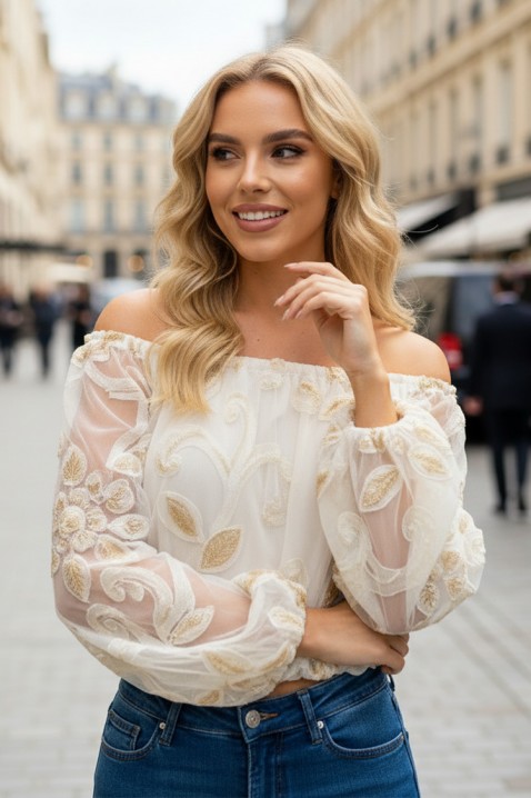 Ženska prozračna bluza sa cvetnim dekorom i voluminoznim rukavima AMOLETA ECRU, Boja: ecru, IVET.RS - Nova Kolekcija
