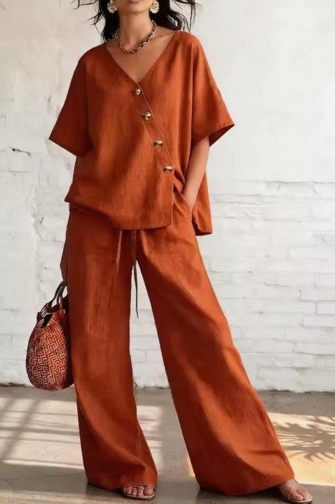 Komplet od lana sa asimetričnim topom i širokim pantalonama SELENE ORANGE, Boja: narandžasta, IVET.RS - Nova Kolekcija