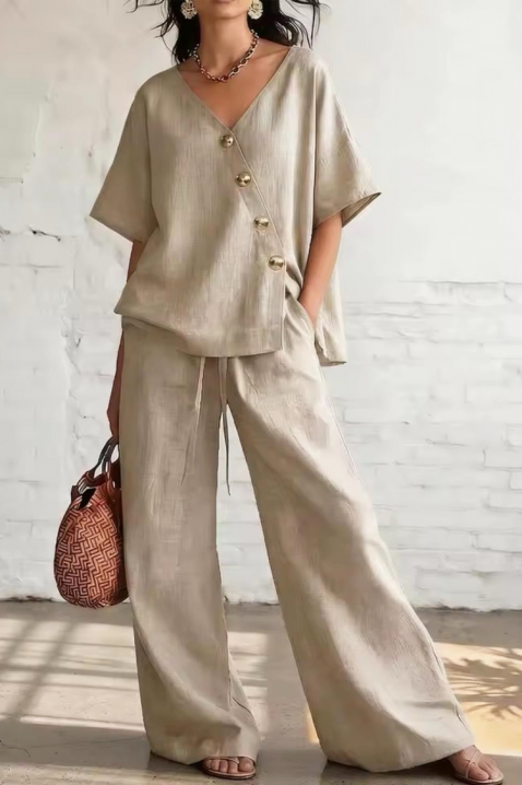 Komplet od lana sa asimetričnim topom i širokim pantalonama SELENE BEIGE, Boja: bež, IVET.RS - Nova Kolekcija