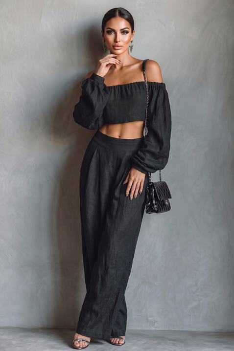 Laneni komplet top sa spuštenim ramenima i široke pantalone JEZABEL BLACK, Boja: crna, IVET.RS - Nova Kolekcija