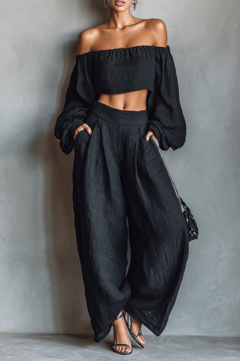 Laneni komplet top sa spuštenim ramenima i široke pantalone JEZABEL BLACK, Boja: crna, IVET.RS - Nova Kolekcija