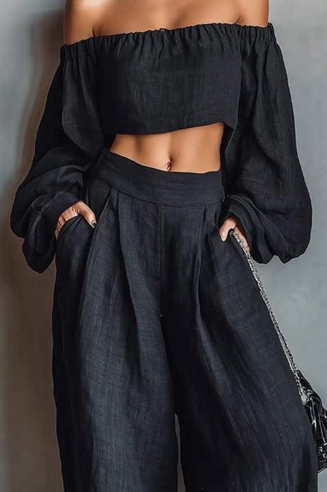 Laneni komplet top sa spuštenim ramenima i široke pantalone JEZABEL BLACK, Boja: crna, IVET.RS - Nova Kolekcija