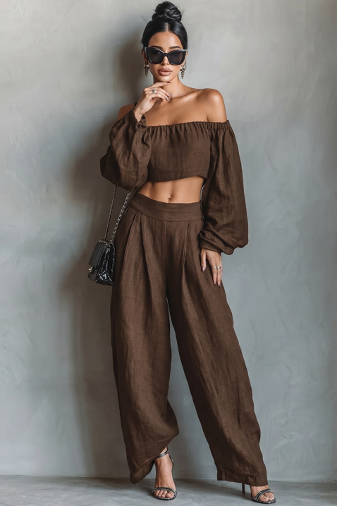 Laneni komplet top sa spuštenim ramenima i široke pantalone JEZABEL BROWN, Boja: braon, IVET.RS - Nova Kolekcija