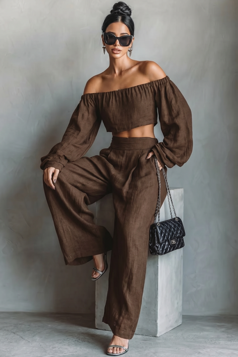 Laneni komplet top sa spuštenim ramenima i široke pantalone JEZABEL BROWN, Boja: braon, IVET.RS - Nova Kolekcija