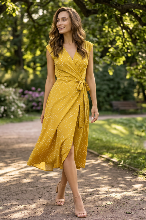 Lagana midi haljina sa tufnicama i dizajnom na preklop HOLYANA YELLOW, Boja: žuta, IVET.RS - Nova Kolekcija