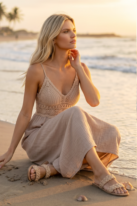 Letnja midi haljina u boho stilu sa pletenim korsetom SOLANIA BEIGE, Boja: bež, IVET.RS - Nova Kolekcija