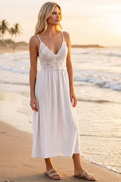 Letnja midi haljina u boho stilu sa pletenim korsetom SOLANIA WHITE, Boja: bela, IVET.RS - Nova Kolekcija