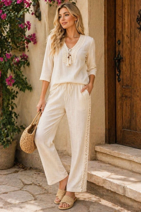 Ženski komplet lanene pantalone i bluza u boho stilu LENIA, Boja: ecru, IVET.RS - Nova Kolekcija