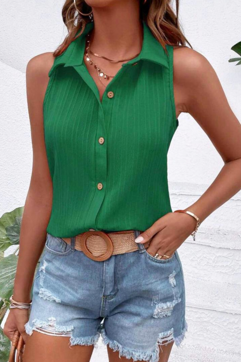 Stilska ženska bluza bez rukava ROSYNAStilska ženska bluza bez rukava, sofisticirana kragna i prednje zakopčavanje kontrastnim dugmadima., Boja: zelena, IVET.RS - Nova Kolekcija