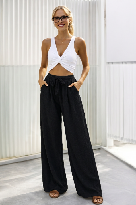 Široke ženske pantalone sa vezicom u struku SAMIRANA BLACK, Boja: crna, IVET.RS - Nova Kolekcija