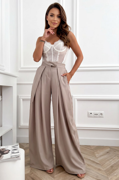 Elegantne ženske pantalone sa visokim strukom i širokim nogavicama JOLYNE BEIGE, Boja: bež, IVET.RS - Nova Kolekcija