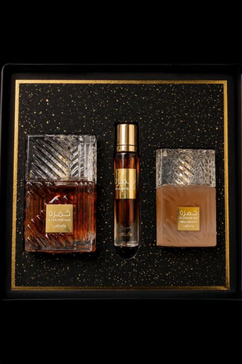Unisex arapski komplet Lattafa Khamrah Edp 100 ml + Edp 12 ml + Hair Mist 50 mlIVET.RS - Nova Kolekcija