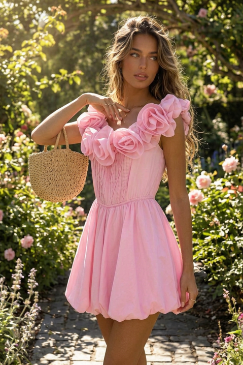 Koketna kratka balon haljina sa ukrasnim cvećem ROZINA PINK, Boja: roze, IVET.RS - Nova Kolekcija