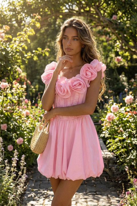 Koketna kratka balon haljina sa ukrasnim cvećem ROZINA PINK, Boja: roze, IVET.RS - Nova Kolekcija
