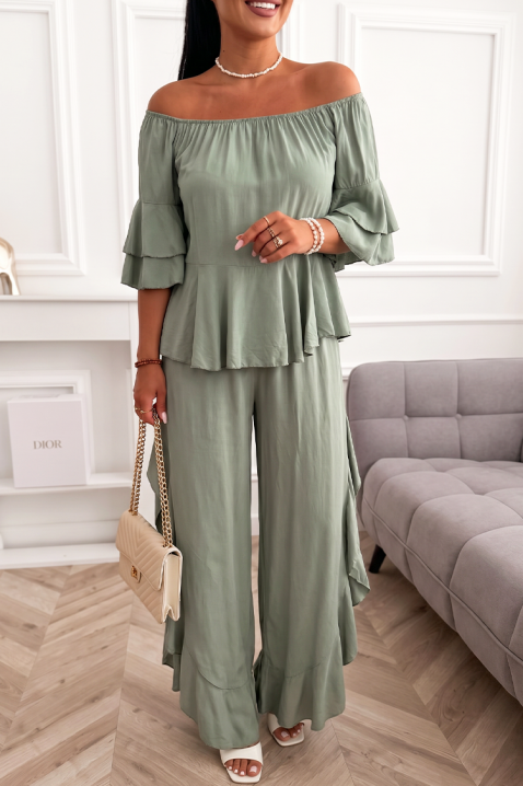 Ležerni ženski komplet bluza sa spuštenim ramenima i široke pantalone sa volanima VALIRENA MINT, Boja: menta, IVET.RS - Nova Kolekcija