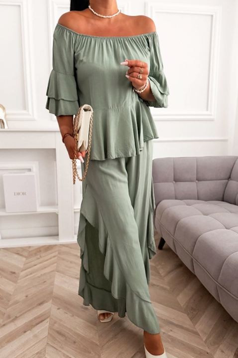 Ležerni ženski komplet bluza sa spuštenim ramenima i široke pantalone sa volanima VALIRENA MINT, Boja: menta, IVET.RS - Nova Kolekcija